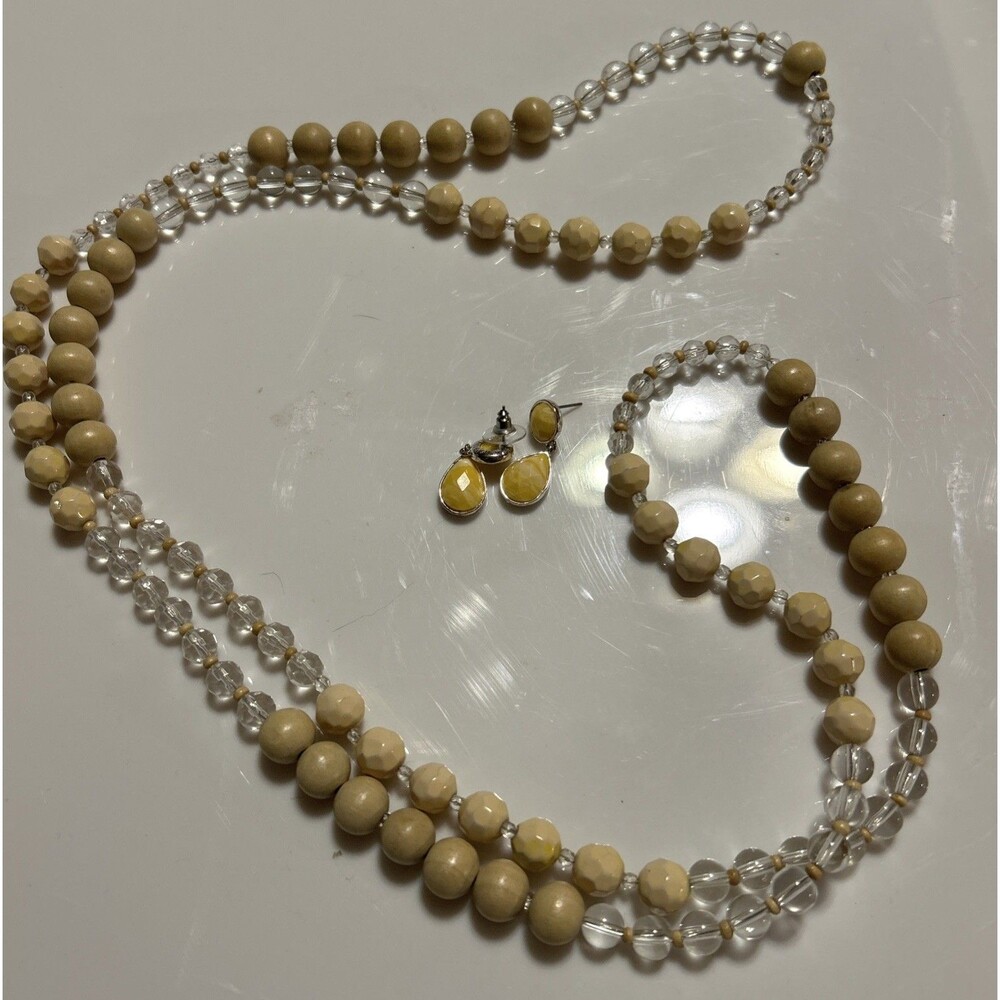Vintage Boho Taupe Long Beaded Necklace And Faceted Drop Earing Set